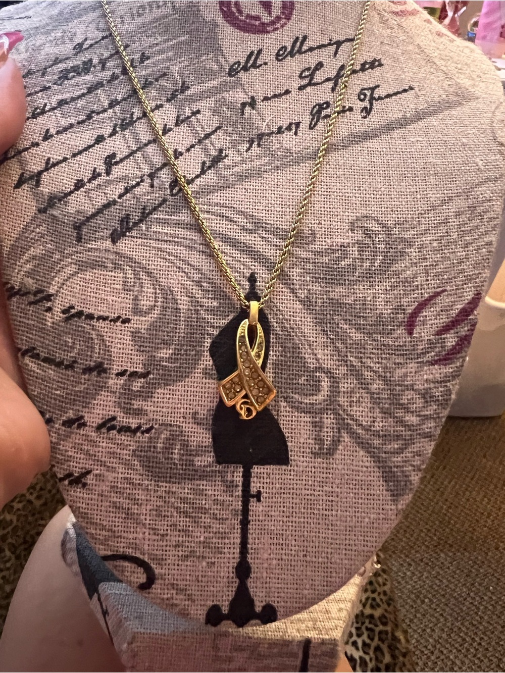 Dior Gold-Tone Ribbon Pendant Necklace with Crystal Accents